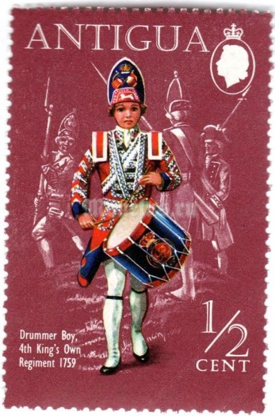 марка Антигуа 1/2 цента "Drummer Boy, 4th King's Own Regiment (1759)" 1970 год