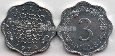 монета Мальта 3 миля 1972 год - Пчела