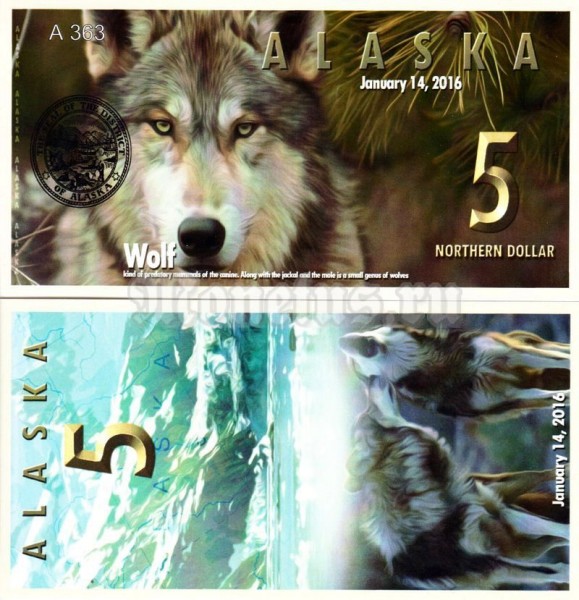 бона Аляска 5 северных доллара 2016 год Волк