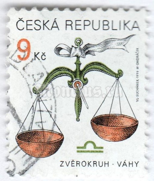 марка Чехия 9 крон "Zodiac: Libra" 1999 год Гашение