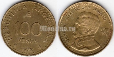 монета Аргентина 100 песо 1978 год - 200 лет со дня рождения Хосе де Сан-Мартина
