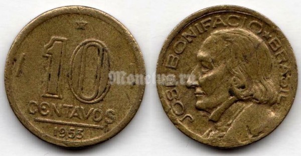 монета Бразилия 10 сентаво 1953 год
