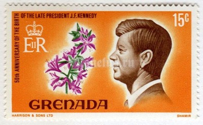 марка Гренада 15 центов "Pres. John F. Kennedy" 1968 год