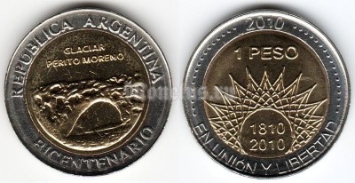 Монета Аргентина 1 песо 2010 год 200 лет Независимости (ледник Перито-Морено)
