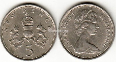 Монета Великобритания 5 новых пенсов 1971 год