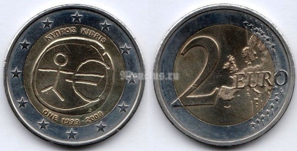 монета Кипр 2 евро 2009 год 10 лет монетарной политики ЕС и введения евро