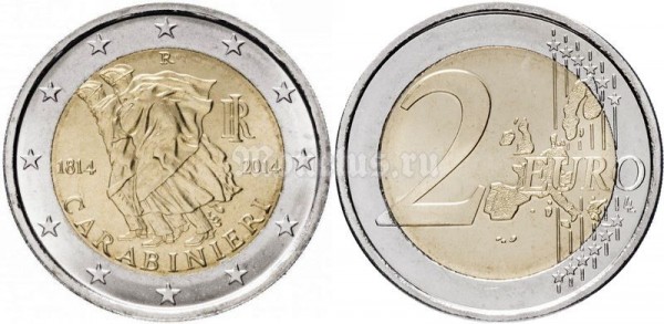 монета Италия 2 евро 2014 год - 200-летие Итальянским карабинерам