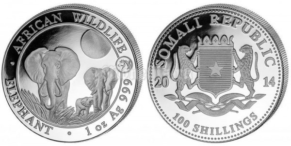 монета Сомали 100 шиллингов 2014 год Слоны