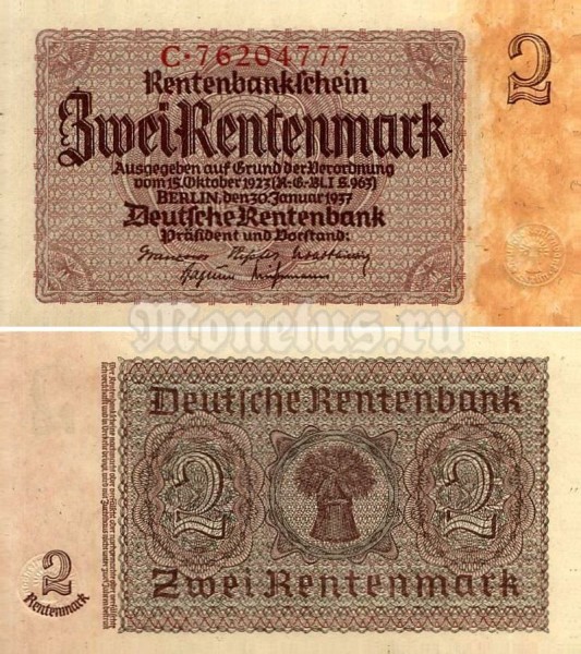 банкнота Германия 2 рентмарки 1937 год