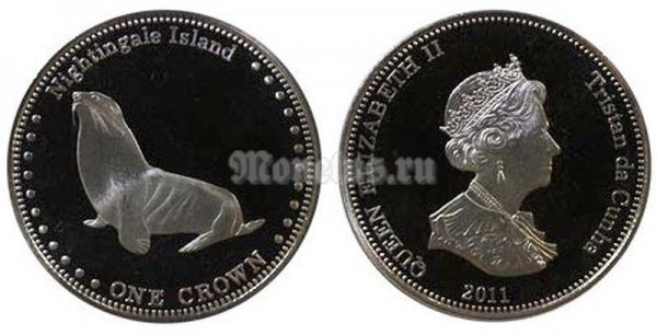 монета Найтингейл ( Тристан-да-Кунья) 1 крона 2011 год тюлень
