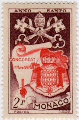 марка Монако 2 франка "Pontifical insignia; Monaco coat of arms; Concorte deed" 1951 год