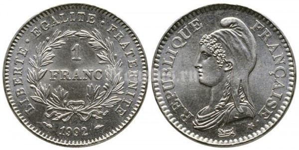 монета Франция 1 франк 1992 год 200-летие Французской республики