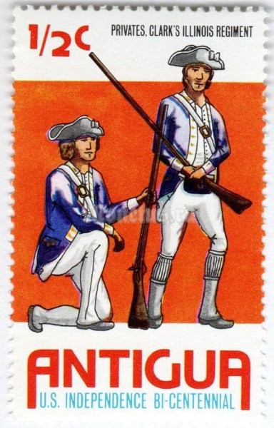 марка Антигуа 1/2 цента "Privates Clark's Illinois Regiment" 1976 год