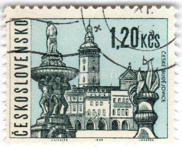 марка Чехословакия 1,20 кроны "České Budějovice" 1965 год Гашение