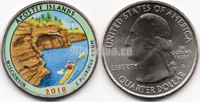 США 25 центов 2018 год Национальные озёрные побережья островов Апостол, штат Висконсин, 42-й парк, эмаль