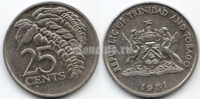 монета Тринидад и Тобаго 25 центов 1981 год
