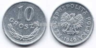 монета Польша 10 грошей 1949 год Алюминий