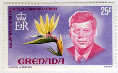 марка Гренада 25 центов "Pres. John F. Kennedy" 1968 год