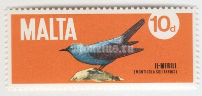 марка Мальта 10 пенни "Blue Rock Thrush (Monticola solitarius)" 1971 год