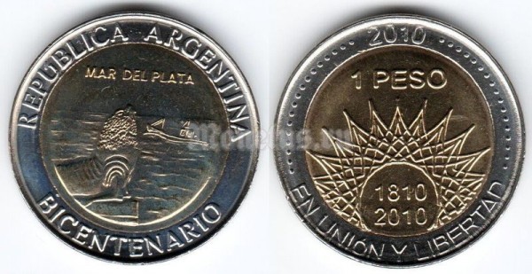 Монета Аргентина 1 песо 2010 год 200 лет Независимости (Мар-дель-Плата)