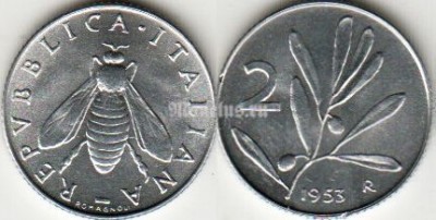 монета Италия 2 лиры 1953 год