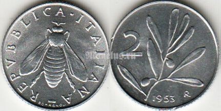 монета Италия 2 лиры 1953 год