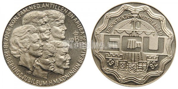 монета Нидерланды 10 экю 1992 год Королевская семья