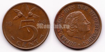 монета Нидерланды 5 центов 1966 год