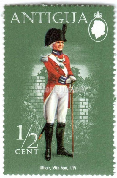марка Антигуа 1/2 цента "Officer, 59th Regiment of Foot (1797)" 1974 год