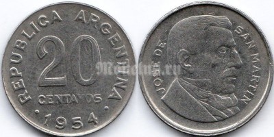 монета Аргентина 20 сентаво 1954 год