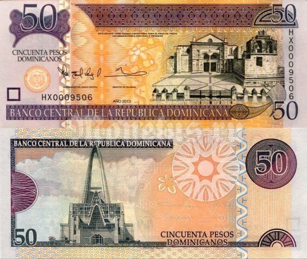 Банкнота Доминикана 50 песо 2013 год