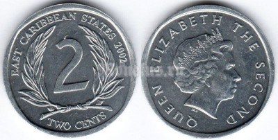 монета Восточные Карибы 2 цента 2002 год