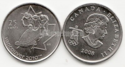 Канада 25 центов 2008 год XXI Зимние Олимпийские Игры 2010 года в Ванкувере бобслей