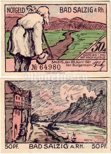 бона Нотгельд Германия 50 пфеннигов 1921 год Bad Salzig/Бад-Зальциг