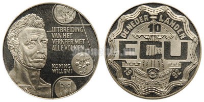 монета Нидерланды 10 экю 1992 год Король Виллем (Вильгельм) I