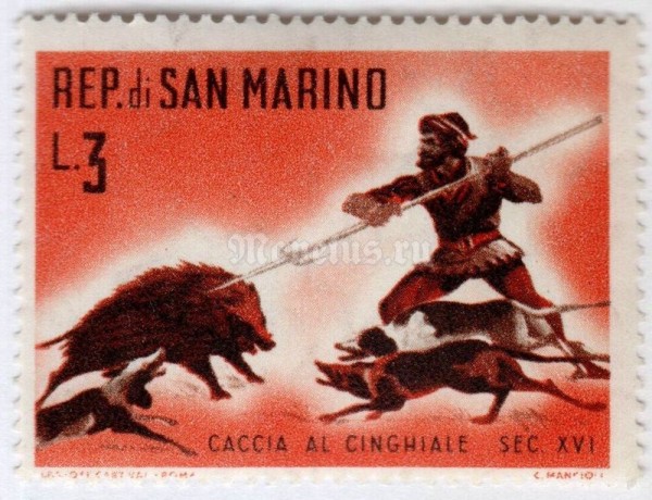 марка Сан-Марино 3 лиры "Wild boar hunt" 1961 год