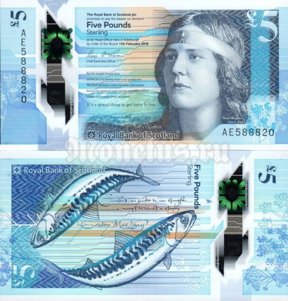 банкнота Шотландия 5 фунтов 2016 год - Нэн Шепгерд, пластик