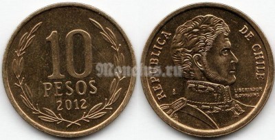 монета Чили 10 песо 2012 год