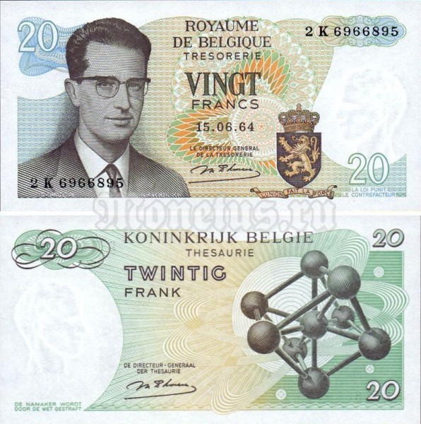 банкнота Бельгия 20 франков 1964 год