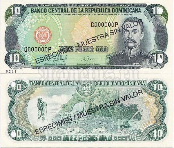 Банкнота-образец Доминикана 10 песо 1998 год