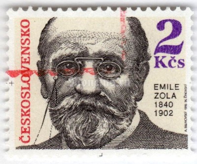 марка Чехословакия 2 кроны "Emile Zola, French writer" 1990 год Гашение
