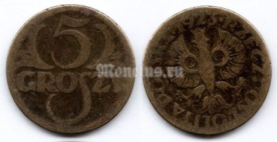 монета Польша 5 грошей 1923 год