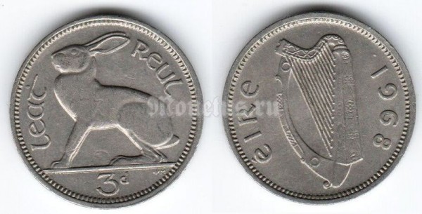 монета Ирландия 3 пенса 1968 год