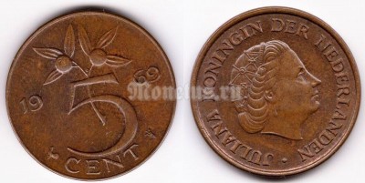 монета Нидерланды 5 центов 1969 год