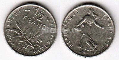 монета Франция 1/2 франка 1965 год