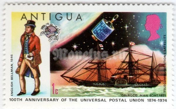 марка Антигуа 1 цент "English Bellman 1846, Orinoco Mailboat 1851, Satellite" 1974 год