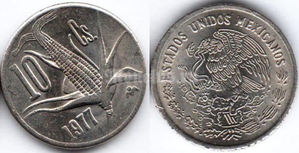монета Мексика 10 сентаво 1977 год - Кукуруза