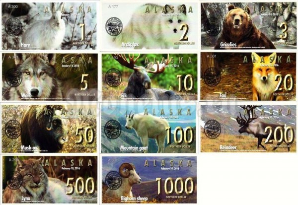 Набор из 11 сувенирных банкнот Аляска 2016 год Выпуск 1-й