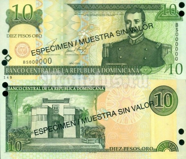 Банкнота-образец Доминикана 10 песо 2001 год