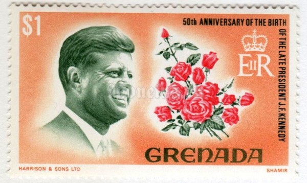 марка Гренада 1 доллар "Pres. John F. Kennedy" 1968 год